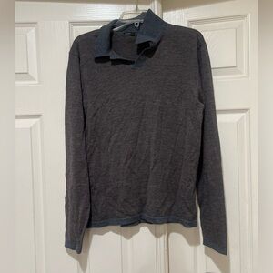 Robert Barakett Men Medium Gray Blue Collar Merino Wool Polo Shirt Long Sleeve